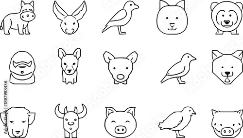 Cute animal line icons set, pig dog cat bird cow donkey vector outline illustration, minimal cartoon design