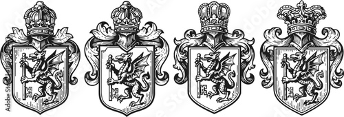 heraldic lion shield with crown and key medieval coat of arms emblem, decorative royal symbol design