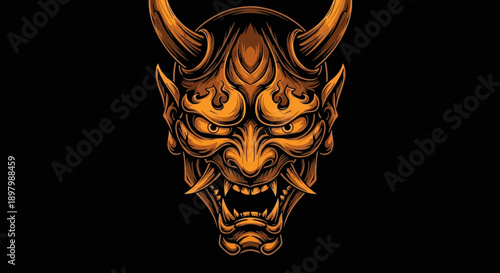 Aggressive Orange Japanese Oni Mask Vector Illustration. Traditional Hannya Demon Head Art. Mythological Tattoo Design.
