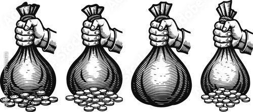 vintage money bag illustration with coins, hand holding sack, cash and wealth concept