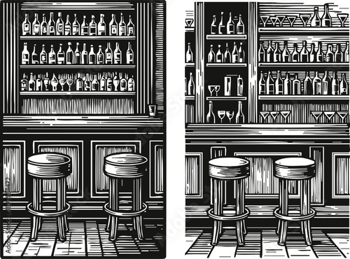 vintage bar interior with stools and shelves of bottles and glasses in black and white