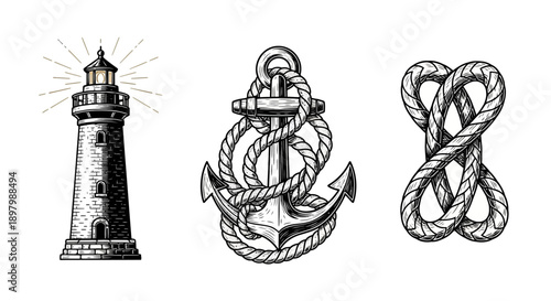 Lighthouse, Anchor and Rope Knot Vintage Engraving Vector Icons. Nautical Marine Design Elements Set in Black and White Woodcut Style.