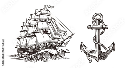 Engraved Sailing Ship and Anchor Vector Set. Vintage Nautical Galleon on Ocean Waves, Marine Tattoo or Logo Design.