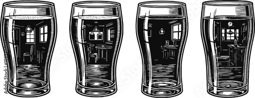 Four pint glasses with detailed vintage pub interior reflections, black and white illustration