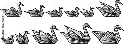 hand drawn black and white origami swans in various sizes and poses with textured shading
