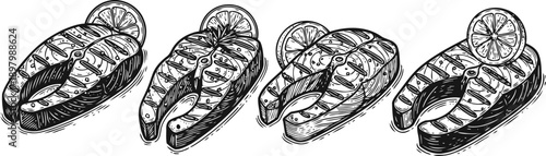 grilled salmon steaks with lemon slices seafood meal illustration, healthy dinner food design