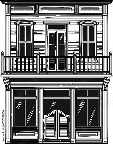 Vintage western building facade with swinging doors and second floor balcony in detailed line art illustration