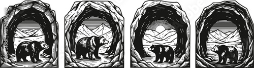 Wild bears inside rocky cave entrances with mountain landscape views in background
