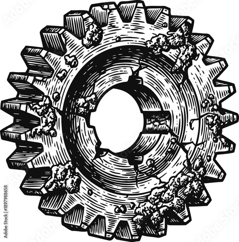 Rusty corroded metal gear with cracks and damage isolated on white background