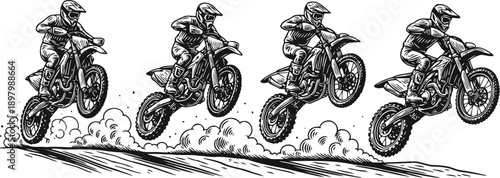 motocross rider jumps with dirt bike over hill in dynamic action sequence illustration