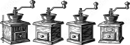 Vintage coffee grinders set hand crank wooden coffee mills retro kitchen appliance collection in engraving