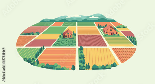 Vibrant, stylized aerial view of a colorful rural farm with geometric fields and houses