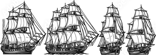 Set of four vintage sailing ships with full sails classic wooden tall ship illustrations in black and white