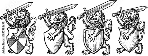 medieval heraldic lions with swords and shields, vintage engraving crest symbols