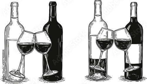 Wine bottles with two glasses of red wine toasting, black and white hand drawn illustration set