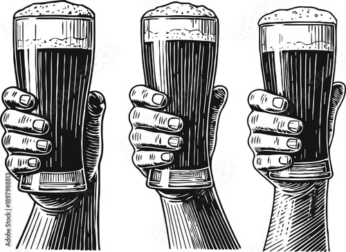 Three hands holding full pints of dark beer with frothy foam on top in vintage