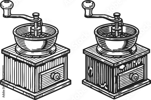 Vintage manual coffee grinder with drawer, classic hand crank mill for coffee beans illustration