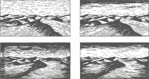 Mountain landscape woodcut set, black and white scenic nature illustrations