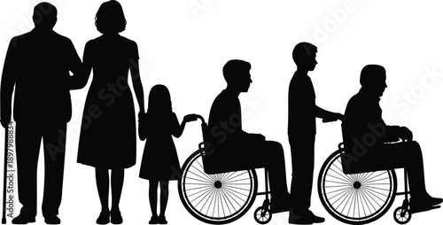 Inclusive group silhouette, elderly, children, wheelchair support, diversity, intergenerational care, unity, black figures, accessibility, flat vector illustration