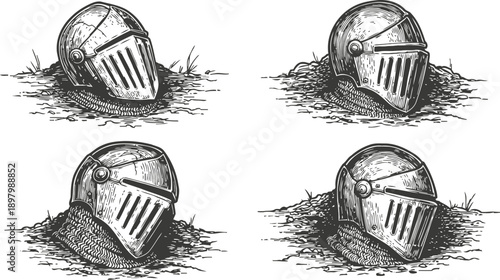 Medieval knight helmets buried in ground vintage armor head protection, warrior helmet illustration set