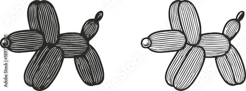 Two hand drawn balloon dog illustrations with striped pattern in black and white