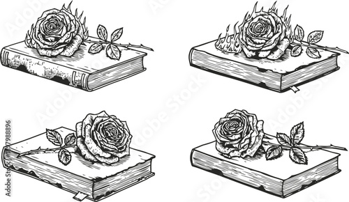Vintage hand drawn roses on old hardcover books detailed floral and literature ink sketches set with blooming flowers and leaves