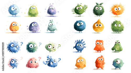 Adorable blob monster and germ characters in various colors and shapes. Funny cartoon microbes with big eyes ideal for kids design games education and friendly science illustrations.