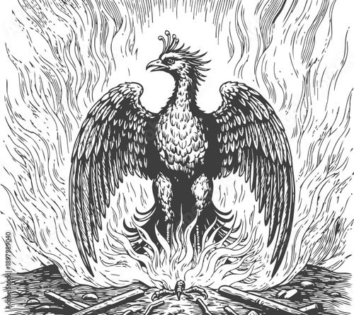Phoenix rising from flames with spread wings mythical fire bird symbolizing rebirth and immortality