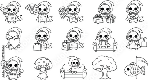 Cute grim reaper line art set, chibi skeleton character illustration, cartoon death mascot collection, kids coloring page black white vector