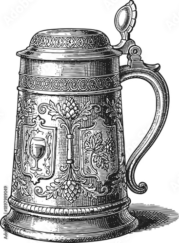 Ornate vintage beer stein with floral and grapevine decorations, metal tankard with hinged lid and handle