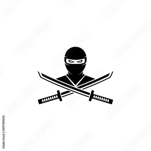 A bold black and white vector illustration of a ninja head above crossed katana swords. A clean, symmetrical martial arts emblem with a minimalist aesthetic on white.