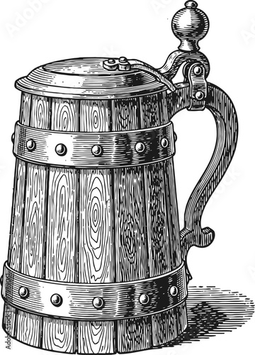 Vintage wooden beer stein with metal bands and hinged lid, traditional drinking mug design