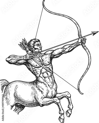 centaur archer drawing bow with arrow ready to shoot, mythical creature with human upper body and horse lower body