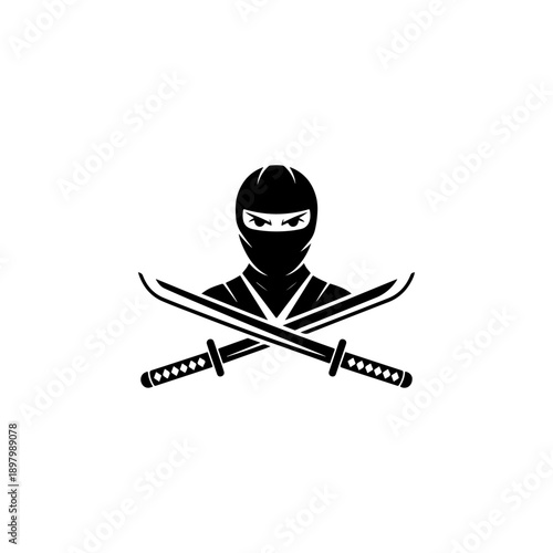 A bold black and white vector illustration of a ninja head above crossed katana swords. A clean, symmetrical martial arts emblem with a minimalist aesthetic on white.