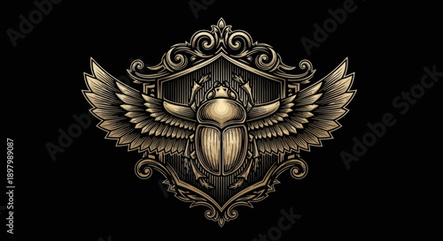 Golden Engraved Winged Scarab Beetle Emblem. Luxury Egyptian Khepri Symbol Crest