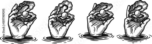 Hand holding oyster with pearl above water surface in vintage engraved illustration