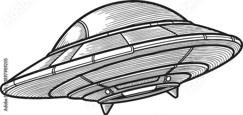 Flying saucer ufo illustration with dome shaped top and visible details in vintage engraving