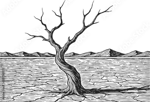 twisted dead tree standing in cracked dry desert with distant mountain range outline