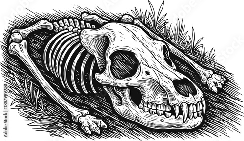 Detailed animal skeleton illustration with skull and bones lying on grass, vintage black and white engraving