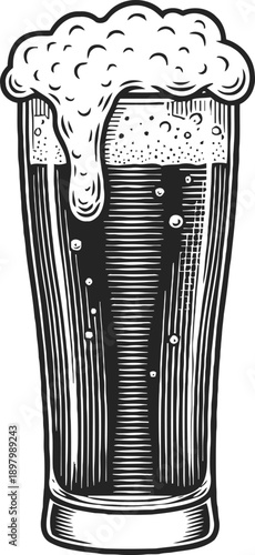 Tall glass of beer with frothy foam overflowing, detailed vintage illustration