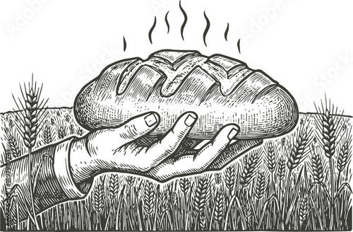Hand holding freshly baked steaming bread over wheat field vintage engraving illustration