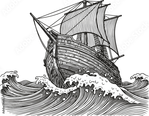 old wooden sailing ship riding through choppy ocean waves in vintage