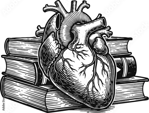 illustration of human heart anatomy resting on stacked books medical education and biology concept