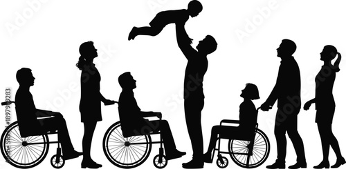 Family silhouettes with disabled members standing together, inclusive parenting love support concept, diversity and care scene, flat vector illustration