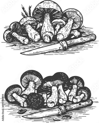 Illustrated mushrooms with a knife, wild forest vegetables, hand drawn edible fungi composition