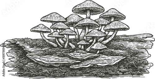 Wild mushrooms growing on tree bark cluster, detailed black and white vintage botanical illustration