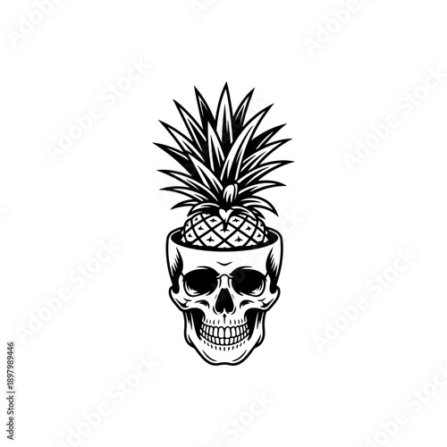 A creative black and white vector illustration of a pineapple growing out of an open human skull. Detailed high-contrast graphic art isolated on a white background.