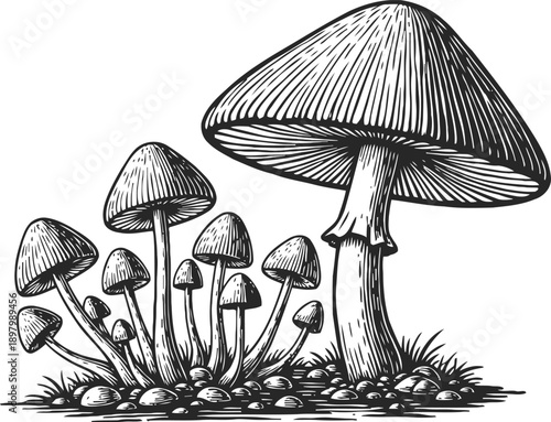 Cluster of wild mushrooms growing on forest floor with detailed gills and stems illustration