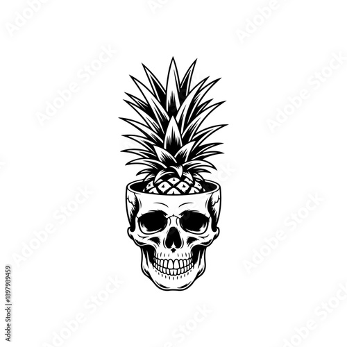 A creative black and white vector illustration of a pineapple growing out of an open human skull. Detailed high-contrast graphic art isolated on a white background.