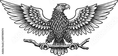 Intricate eagle illustration with outstretched wings perched on a branch, detailed feathers, monochrome design
